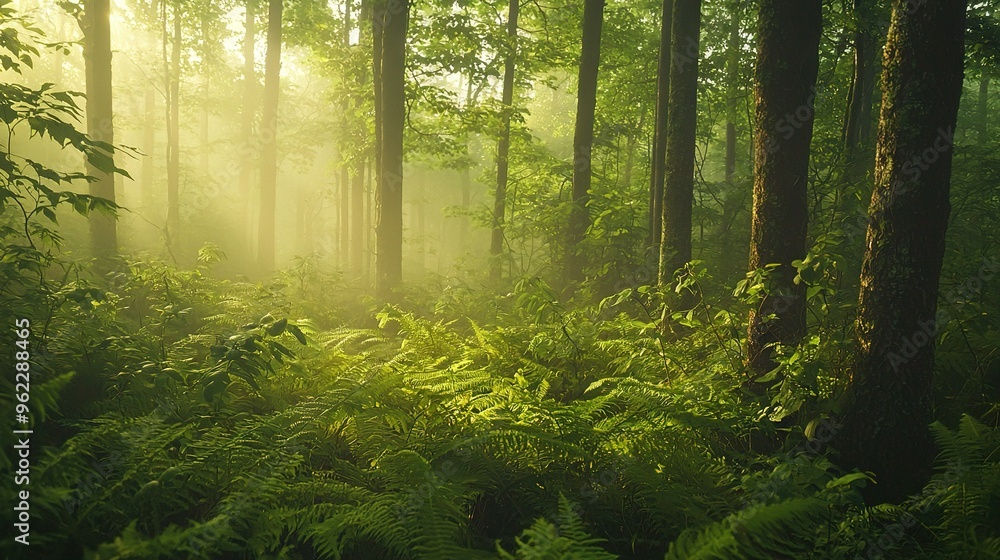 Obraz premium Sunlight filters through tall trees, casting dappled shadows on a forest floor covered in lush ferns