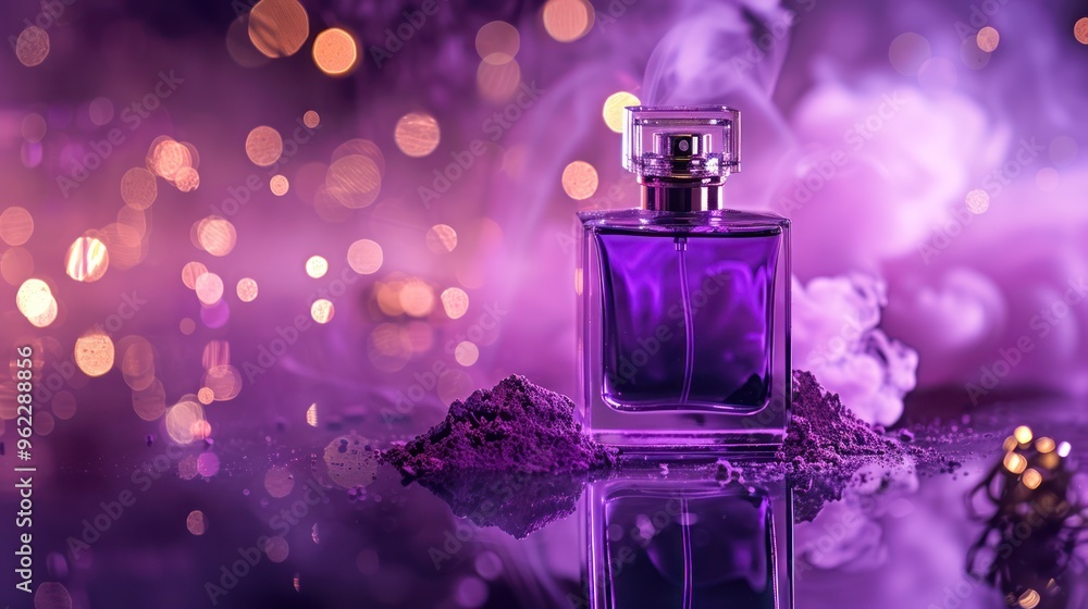 Purple Perfume Bottle with Smoke and Bokeh Lights Purple Perfume Bottle with Smoke and Bokeh Lights