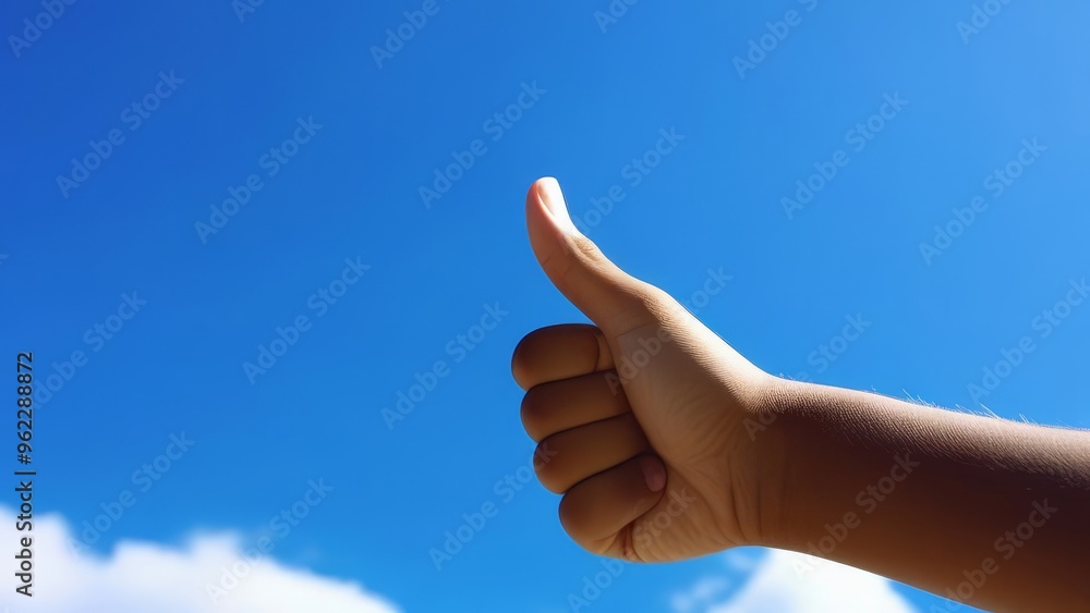 Thumbs up gesture against clear blue sky symbolizing positivity and approval Thumbs up gesture against clear blue sky symbolizing positivity and approval