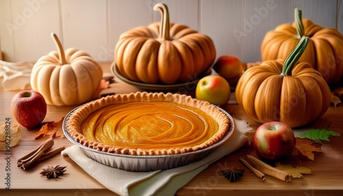 A cozy kitchen scene where a family bakes autumn treats like pumpkin pies and apple tarts, celebrating the season.