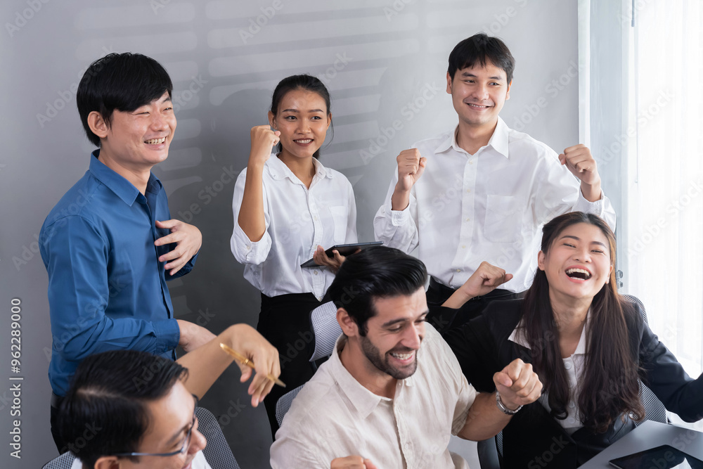 Excited and happy office worker employee celebrate after make successful strategic business marketing planning. Teamwork and positive attitude create productive and supportive workplace. Prudent Excited and happy office worker employee celebrate after make successful strategic business marketing planning. Teamwork and positive attitude create productive and supportive workplace. Prudent
