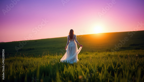 Une scène sereine mettant en scène une femme dans une robe fluide blanche, marchant dans une prairie au coucher du soleil. Le ciel est teinté de violet, de rose et d'orange, évoquant un sentiment de c