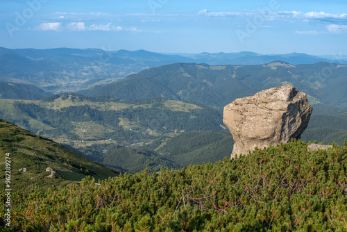 Chornohora, range, ridge, mountain ledge from Vukhaty Kamin, Eared Stone, Dzembronia village, Carpathian Mountains, Ukraine photo