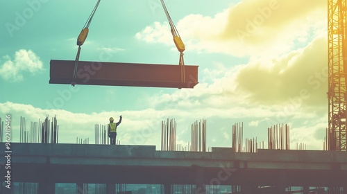 onstruction worker in a hard hat operating a crane at a busy building site, copy space   photo