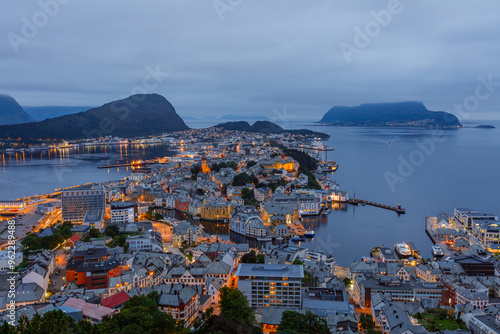 Aerial View of Alesund, Norway at Sunset in Summer