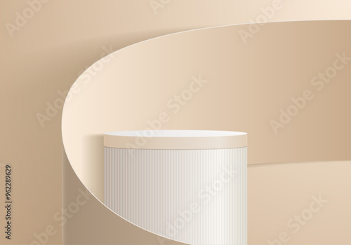 Round podium or pedestal for exhibition hall in studio on beige background in abstract minimalistic design. Vector illustration.