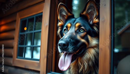 Un berger allemand garde le chalet et regarde à travers la fenêtre d'un chalet. Le fond rustique ajoute de la chaleur à la scène extérieure confortable et rassurante.