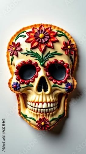 A skull with orange flowers painted on it. day of the dead sugar skulls