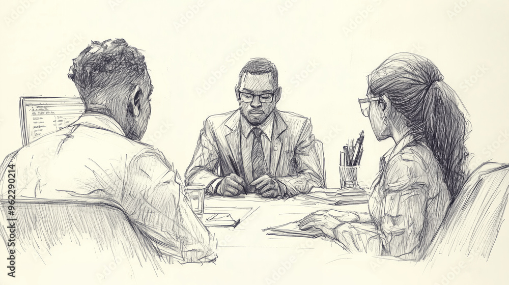 Obraz premium Business meeting with three professionals, serious discussion, diverse team, modern office, workplace collaboration.