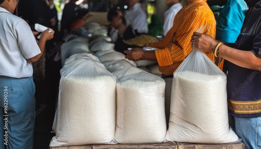 Fototapeta premium Rice Distribution: Buddhist Monk & Community Food Aid in Southeast Asia