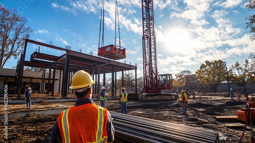 onstruction worker in a hard hat operating a crane at a busy building site, copy space  