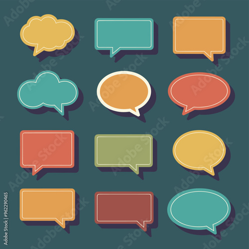 Colorful speech and thought bubbles in various shapes on a dark green background.