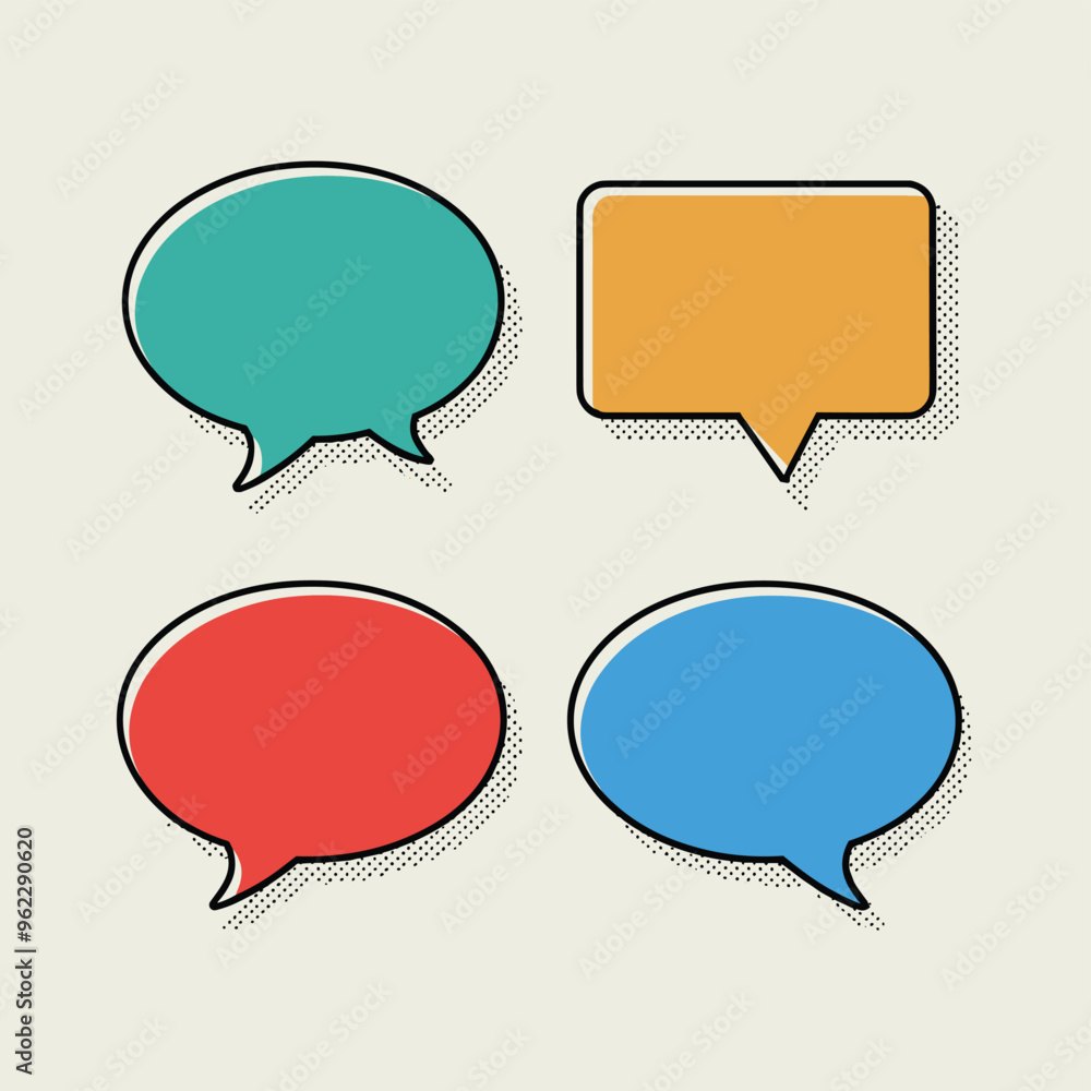 Four colorful speech bubbles in comic style on a light background, representing various forms of communication. Four colorful speech bubbles in comic style on a light background, representing various forms of communication.