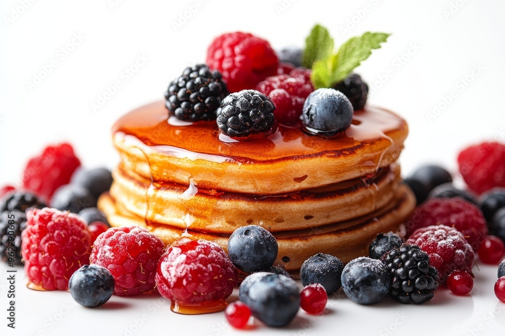 Pancakes stack with berries and honey. Generative AI Pancakes stack with berries and honey. Generative AI