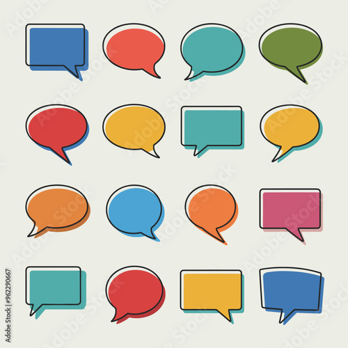Colorful speech bubbles of various shapes and sizes arranged in a grid on a white background.