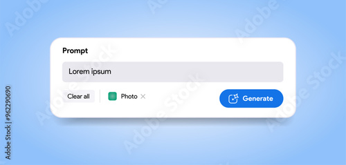 Generate AI content placeholder. LLM assistant interface. Prompt input field. Artificial intelligence submit button. Large language model app chat. Text and image generator tool. Vector illustration
