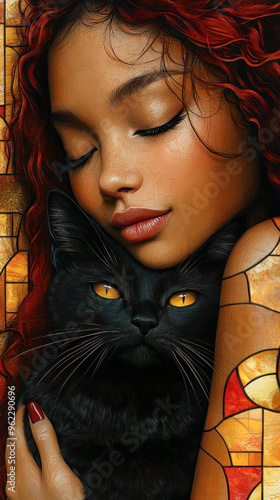 Stained Glass-Style Art of Girl Holding Black Cat with Closed Eyes, Red Hair, and Serene Expression photo