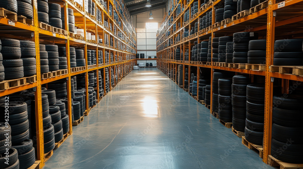 Symmetrical Warehouse Interior with Efficiently Stored Rows of Tires, Industrial Organization and Storage Solutions for Businesses Symmetrical Warehouse Interior with Efficiently Stored Rows of Tires, Industrial Organization and Storage Solutions for Businesses