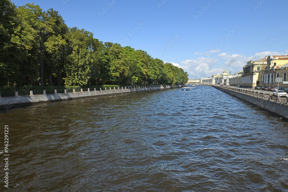 Fontanka River Embankment and Summer Garden, historic public garden. St. Petersburg, Russian