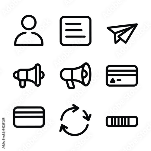 Collection of basic business icons including profile, documents, megaphones, credit cards, and progress indicator.