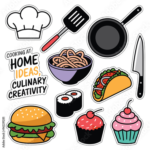 Colorful kitchen and food icons featuring a chef's hat, utensils, and assorted dishes on a white background.