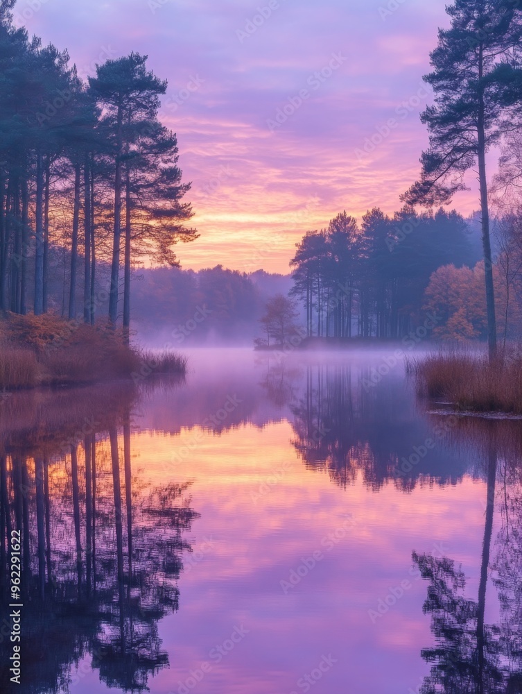 Autumn trees by the lake in fog, reflection on water Autumn trees by the lake in fog, reflection on water