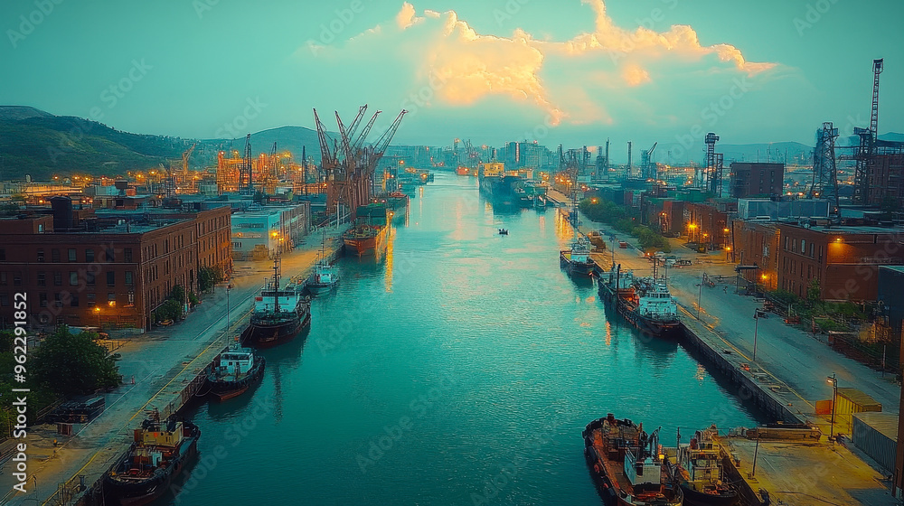 Obraz premium Industrial Cityscape with Harbor and Waterway under Dramatic Sky at Sunset; Ships Docked Along City Waterfront, Industrial Machinery, Tranquil Evening, Urban Landscape, Vibrant Dusk, Harborside View