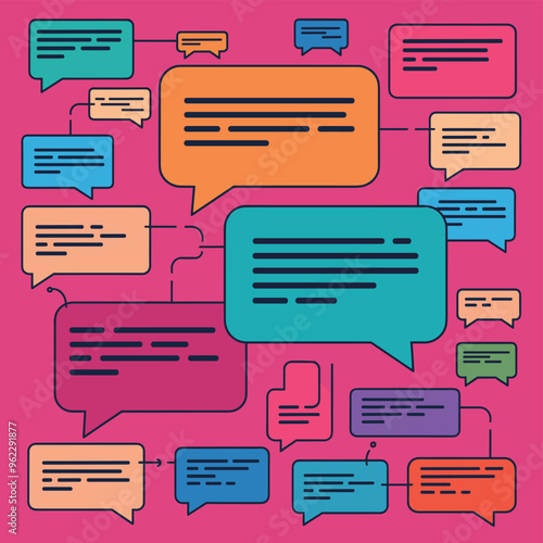 Colorful speech bubbles of various sizes on a vibrant pink background, representing active communication.