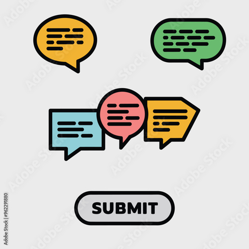 Colorful speech bubbles with text and a submit button in a minimalist design.