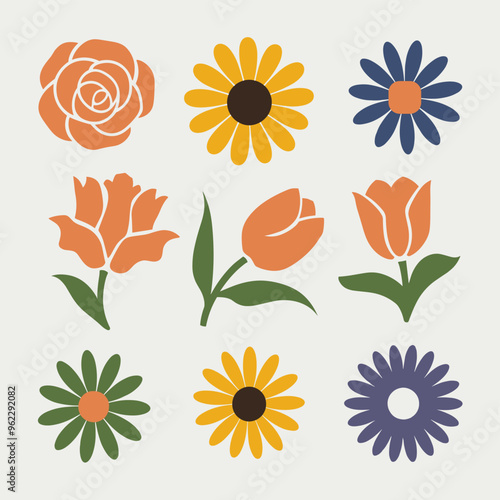 A colorful collection of various stylized flowers against a white background.