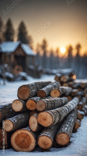 Rugged Lumber Mill Processing Timber in Winter Landscape. photo