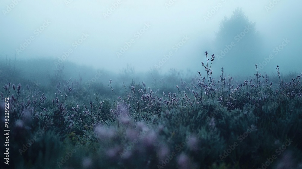 A field brimming with many purple blooms set against a misty backdrop, surrounded by tall trees A field brimming with many purple blooms set against a misty backdrop, surrounded by tall trees