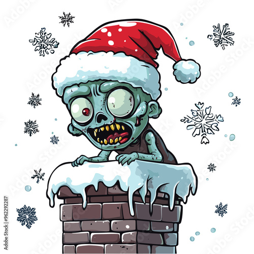 vector zombie in New Year's clothes climbed out of the chimney on a white background .Generative AI