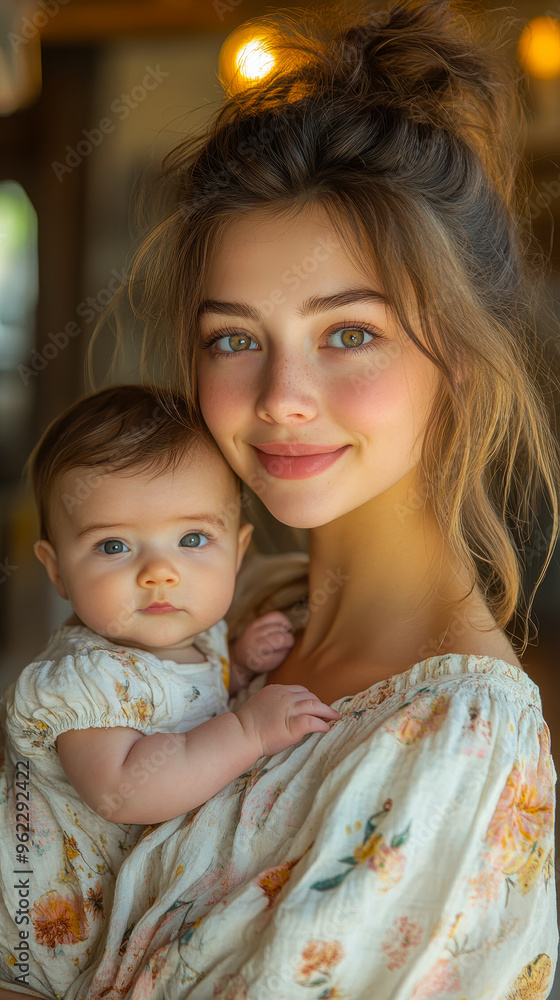 Happy French Mother Holding Baby in Healthy Dining Room, Warm Family Moment, Smiling Mother and Child, Lifestyle and Parenthood, Natural Light Setting, Joyful Bond, Emotional Motherhood Theme Happy French Mother Holding Baby in Healthy Dining Room, Warm Family Moment, Smiling Mother and Child, Lifestyle and Parenthood, Natural Light Setting, Joyful Bond, Emotional Motherhood Theme