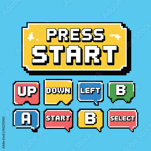 Pixelated video game start screen with directional and action buttons on a blue background.