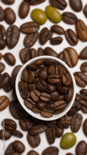 Coffee beans in a cup surrounded by a pile of beans.