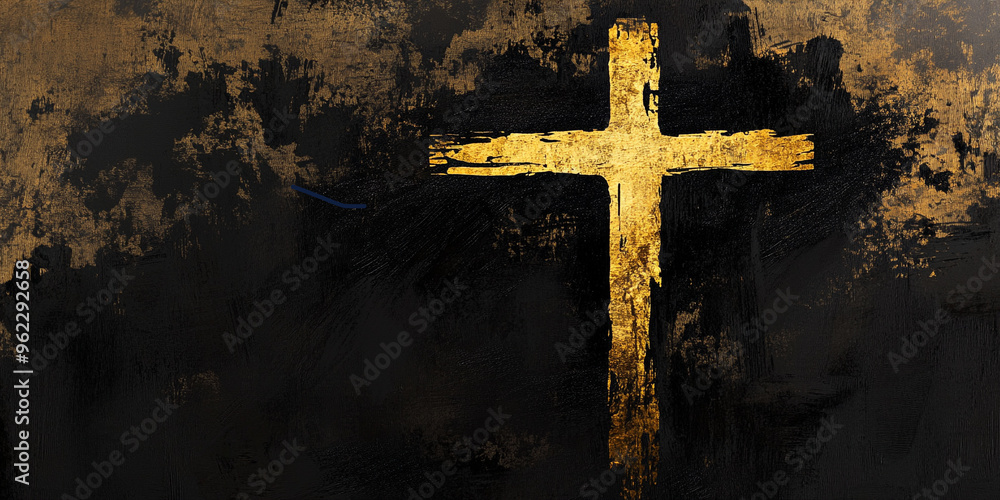 Fototapeta premium Golden cross on black and gold textured background. Abstract Christian background