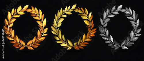 Laurel Wreath of Victory Icon Set in Gold, Silver, and Bronze photo