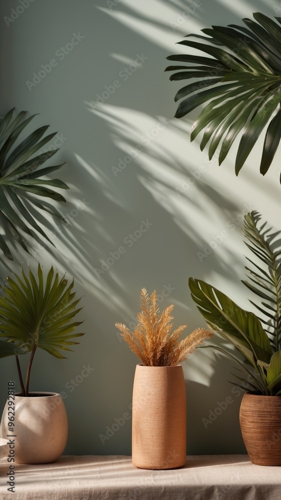 Obraz premium background product display with palm leaves shadow overlay.