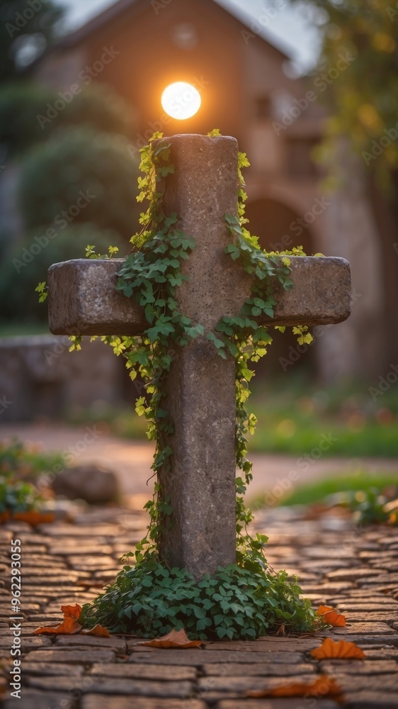Timeless Cross in a Historic Ivy Covered Courtyard with Cobblestone Paths. Timeless Cross in a Historic Ivy Covered Courtyard with Cobblestone Paths.