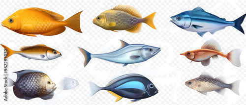 Set of Various Fishes Isolated on Transparent Background