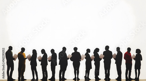 Silhouettes of Diverse Voters Standing in Line