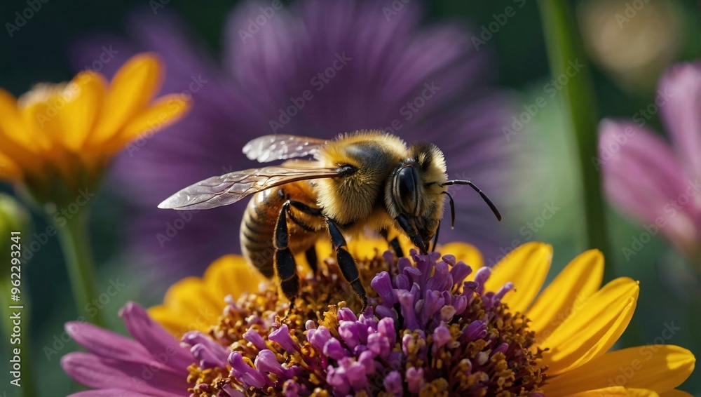 A bee collects nectar from a colorful flower, showcasing intricate details and natural beauty. A bee collects nectar from a colorful flower, showcasing intricate details and natural beauty.