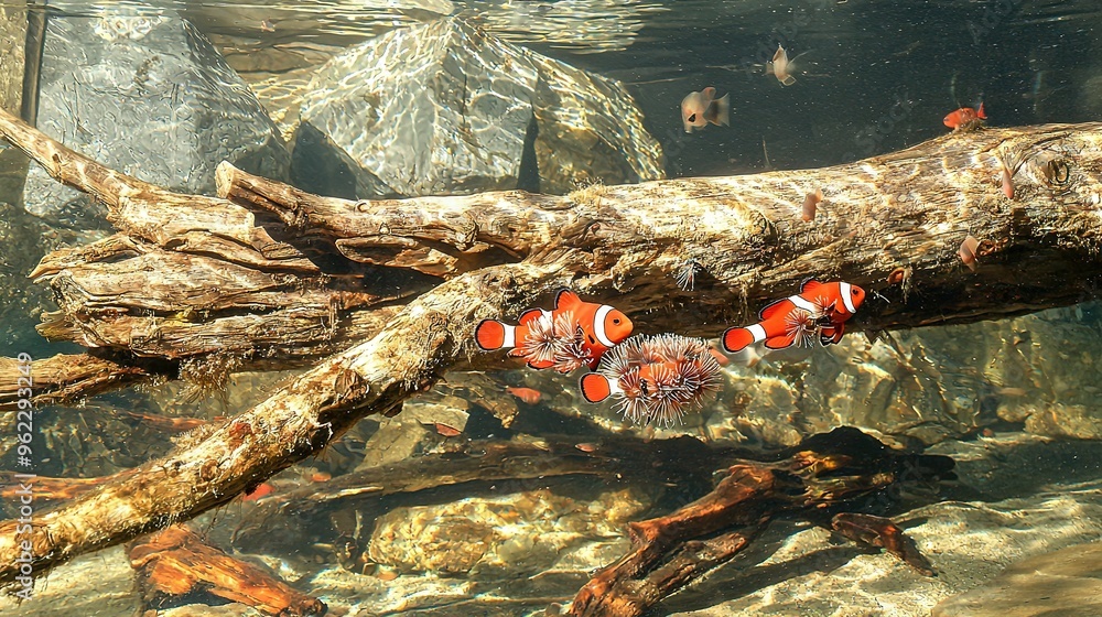 Obraz premium Clownfish swim near a large tree branch in a spacious rock-filled aquarium