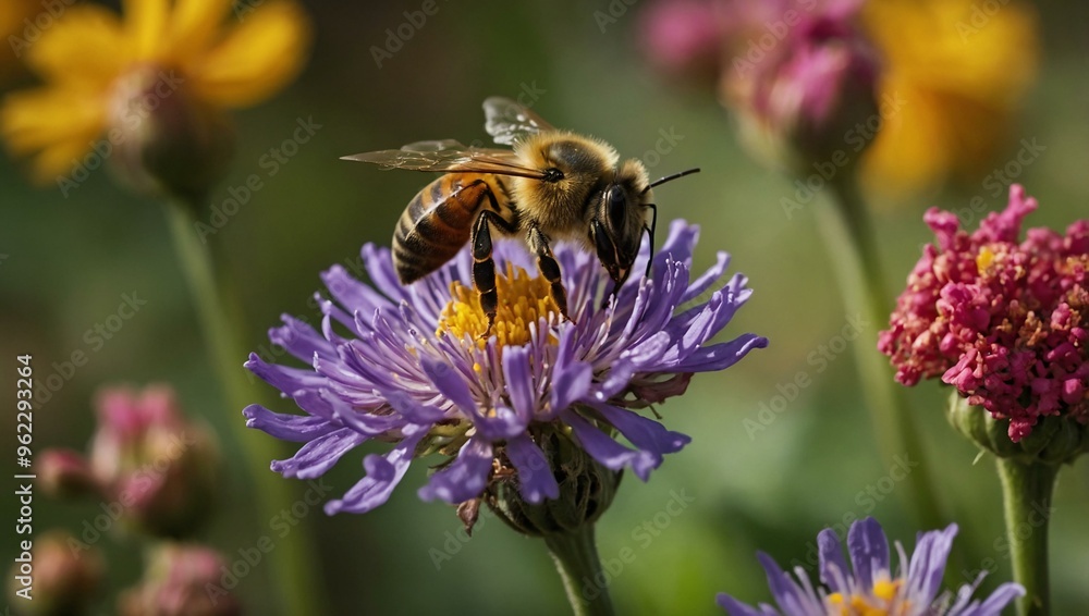 A bee collects nectar from a colorful flower, showcasing intricate details and natural beauty. A bee collects nectar from a colorful flower, showcasing intricate details and natural beauty.