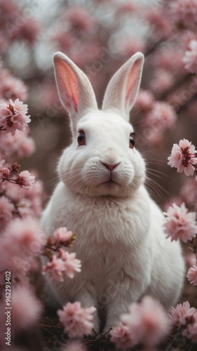 White rabbit surrounded by pink blossoms. photo