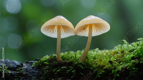Wallpaper Mural   A pair of mushrooms rest atop a moss-covered branch, set against a hazy backdrop Torontodigital.ca