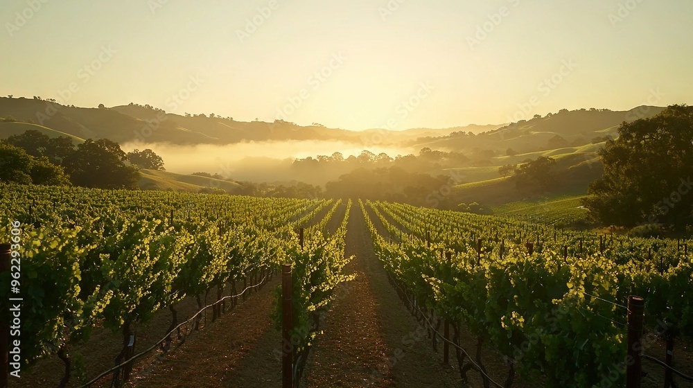 Naklejka premium Sunset over a vineyard with fog, trees, and hills