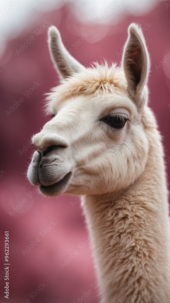 Obraz premium White Llama Standing in Front of Pink Background.