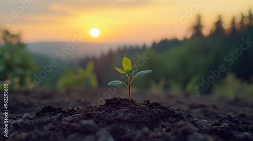 The seedling is growing in the soil, with sunlight shining on it and trees behind it